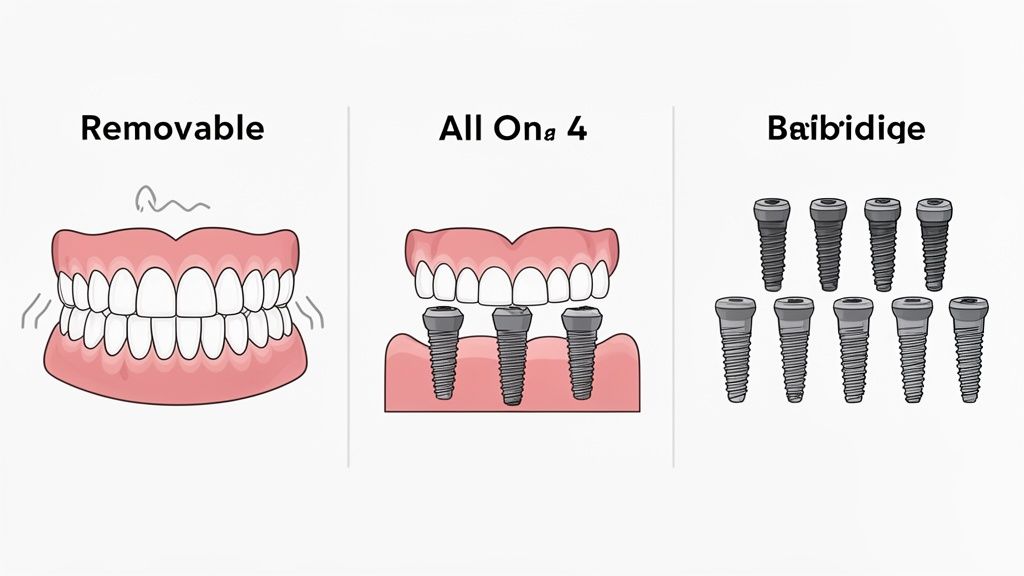 Comparison of removable dentures, All-on-4 dental implants, and individual implant screws.