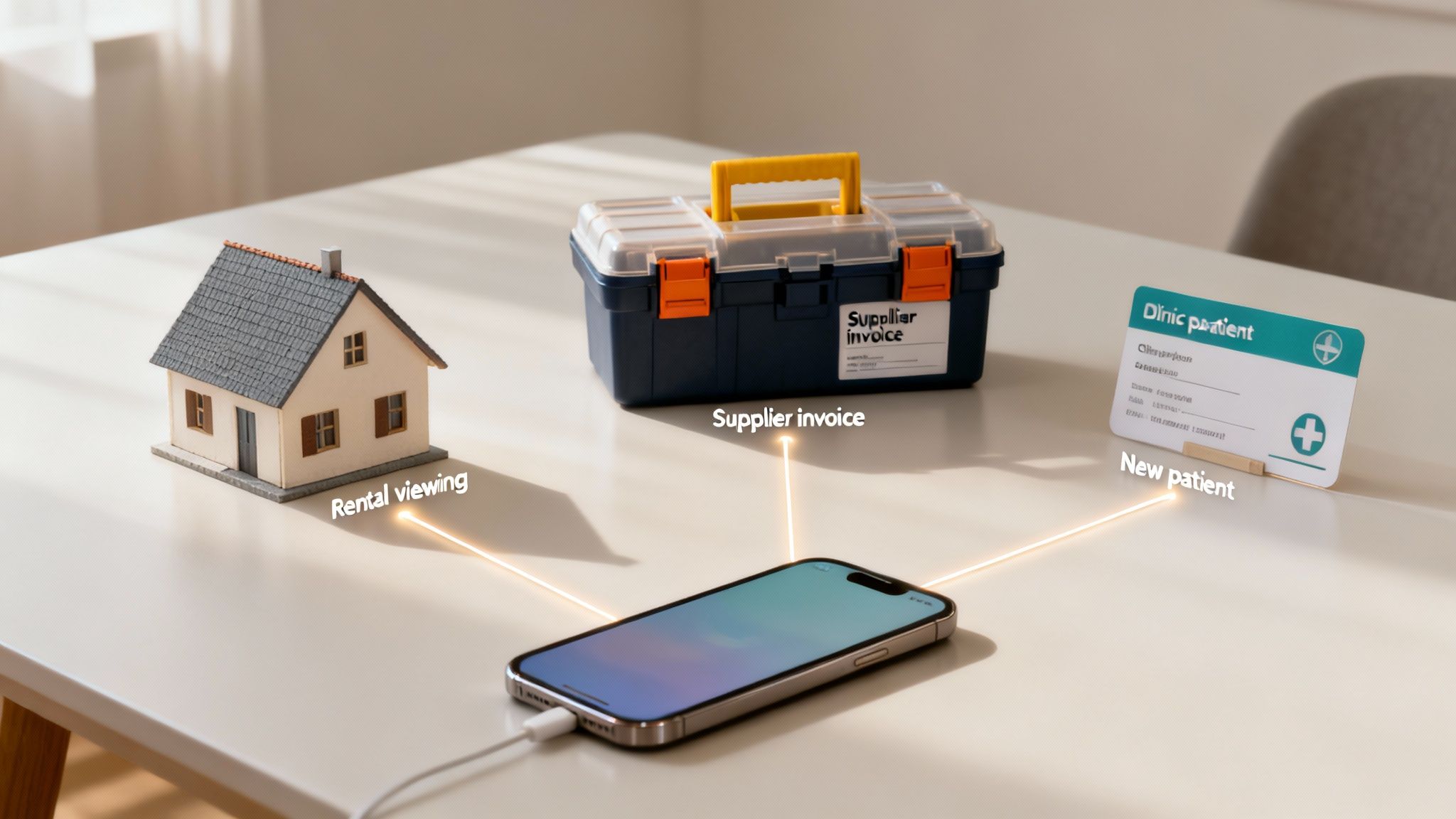 A smartphone connecting via light beams to a miniature house, a toolbox with an invoice, and a patient card, symbolizing digital services.