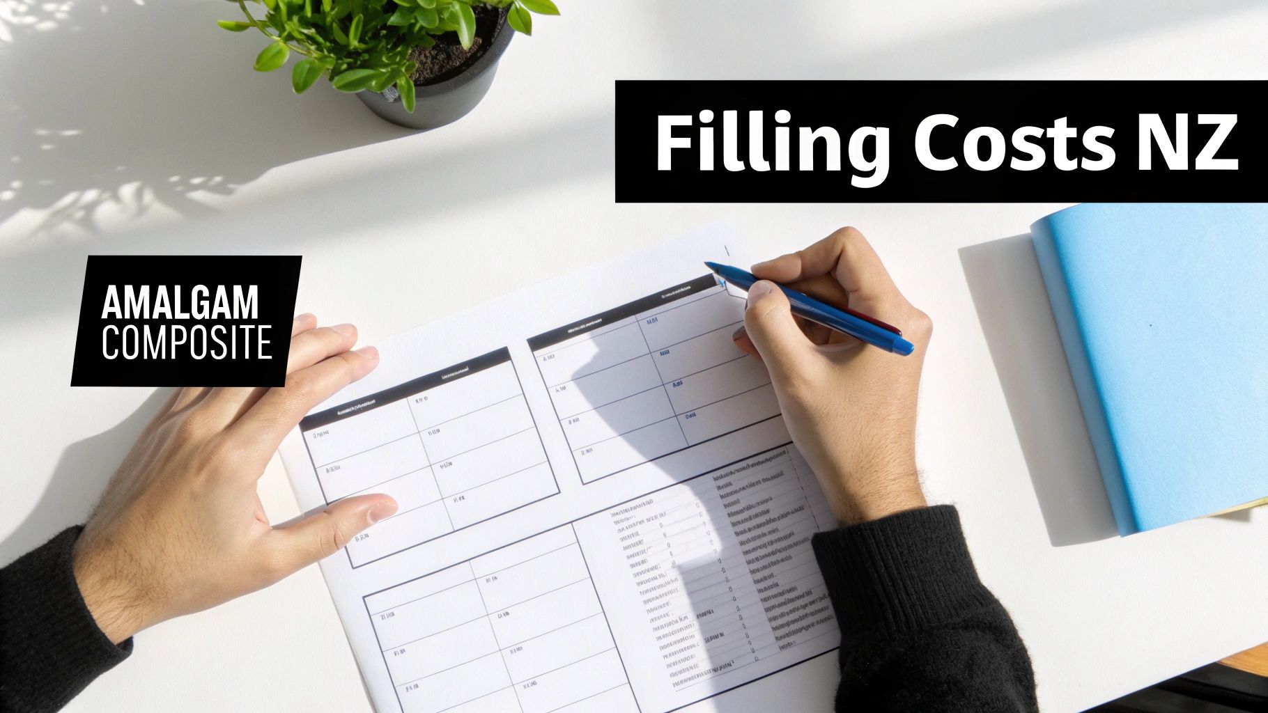 A person writing on a document about dental filling costs in NZ, showing 'Amalgam' and 'Composite' options.