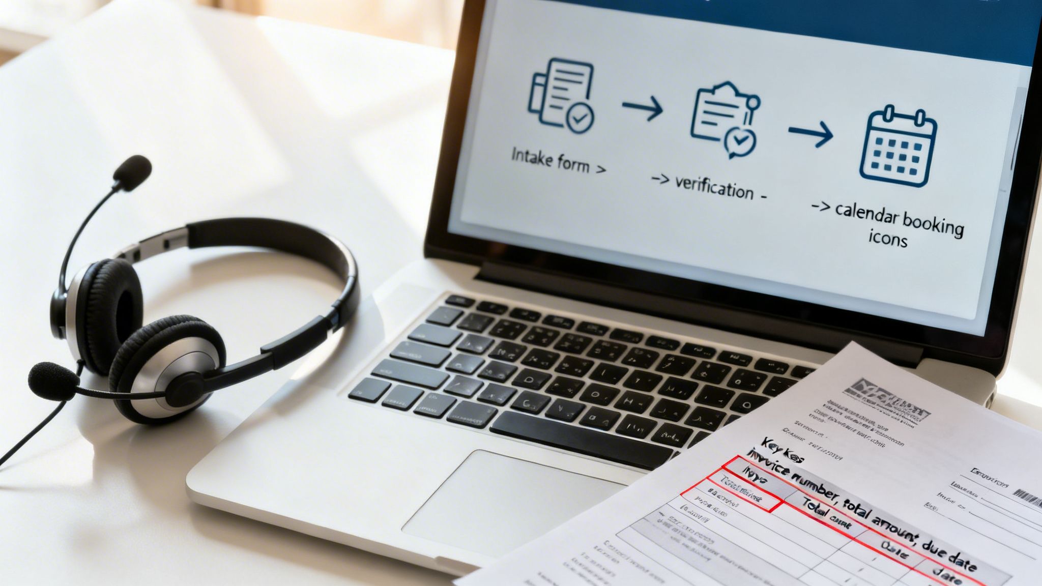 A laptop displaying a process flow, a headset, and a document with highlighted invoice details, indicating customer service or administrative work.
