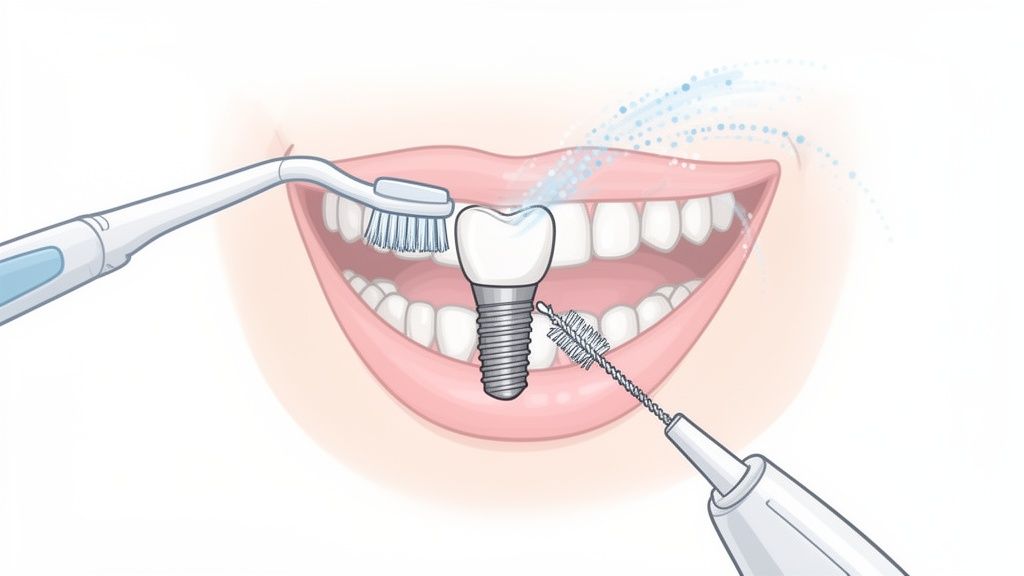 Dental implant care demonstrated with a toothbrush, water flosser, and interdental brush in a mouth.