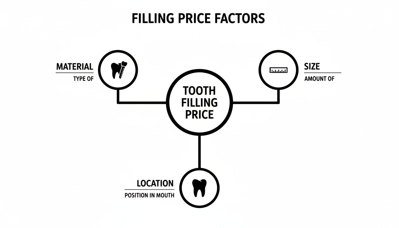 A diagram illustrating the key factors influencing tooth filling price, including material type, size, and location.