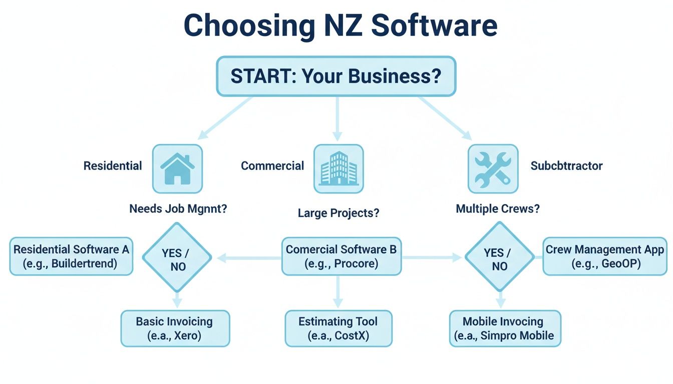 Flowchart guiding businesses in choosing New Zealand construction software based on project type and needs.