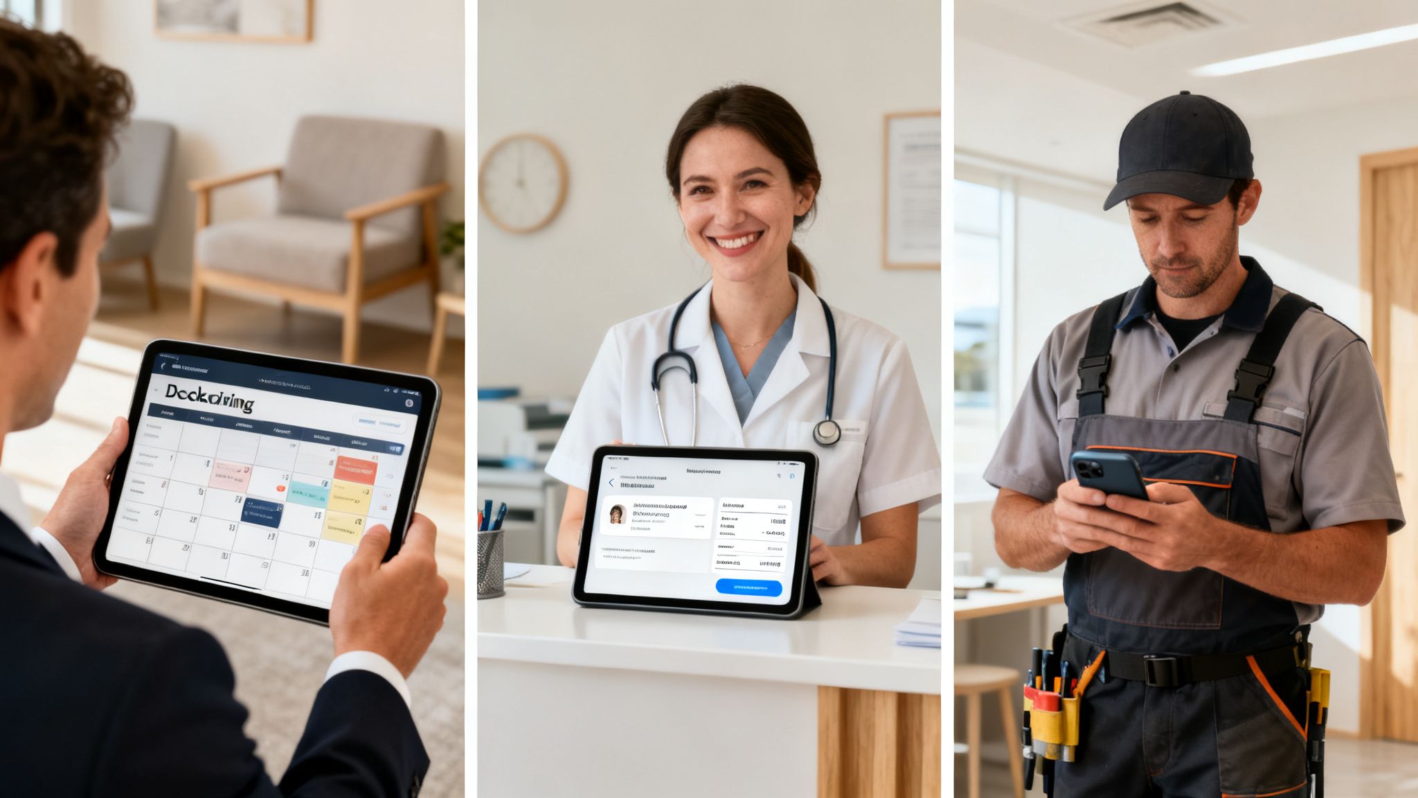 Diverse professionals use tablets and smartphones for digital work management and scheduling.