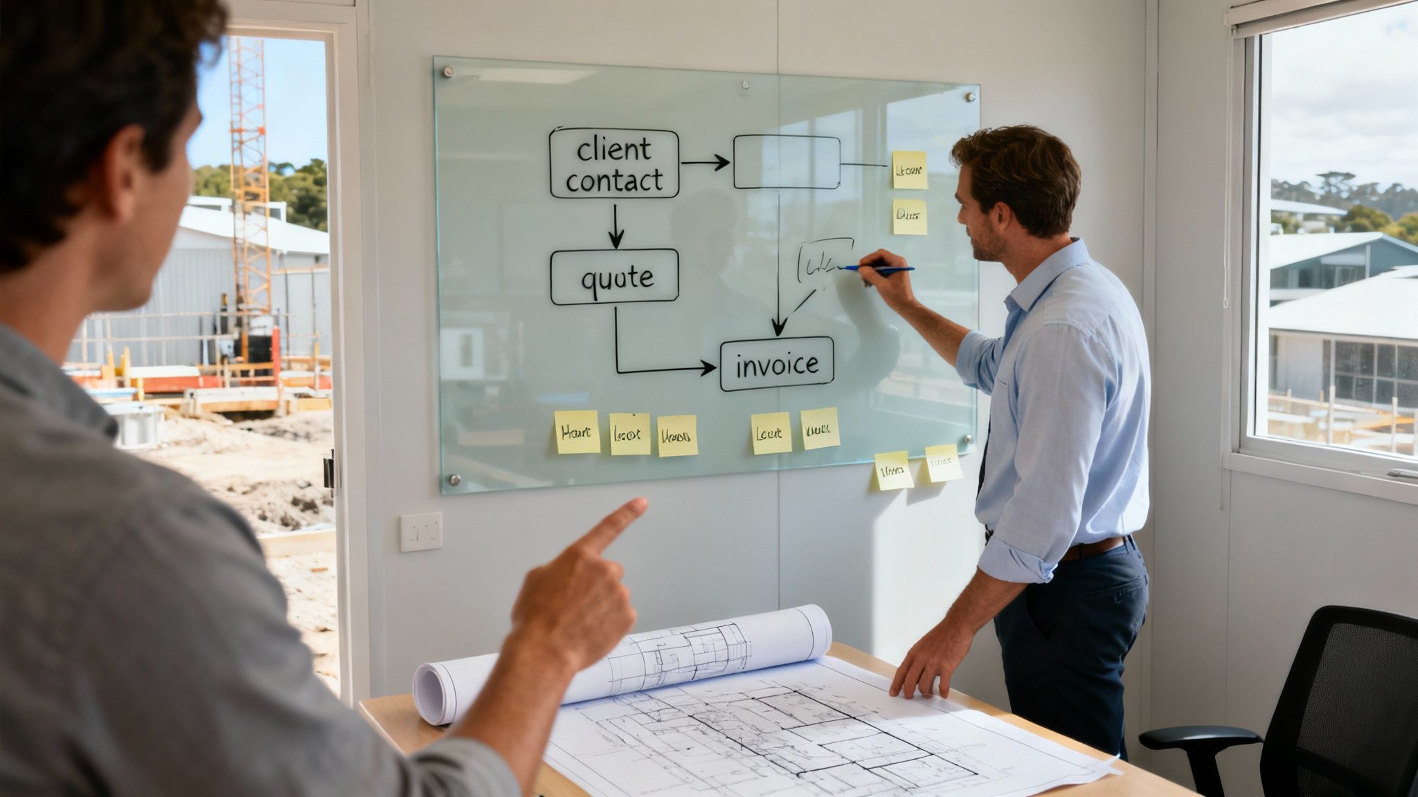 Two men collaborate in an office, reviewing blueprints and a workflow diagram on a whiteboard with a construction site view.