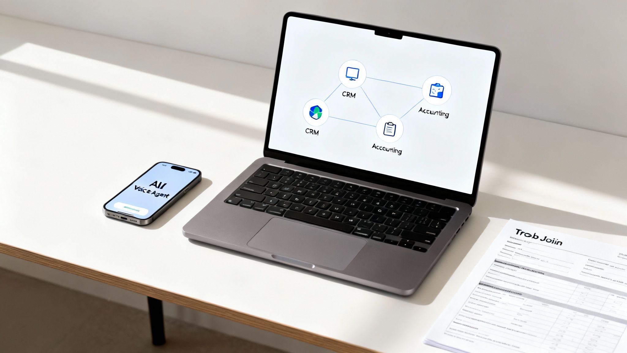 Modern workspace with a laptop showing business system integration and a phone with an AI voice agent app.
