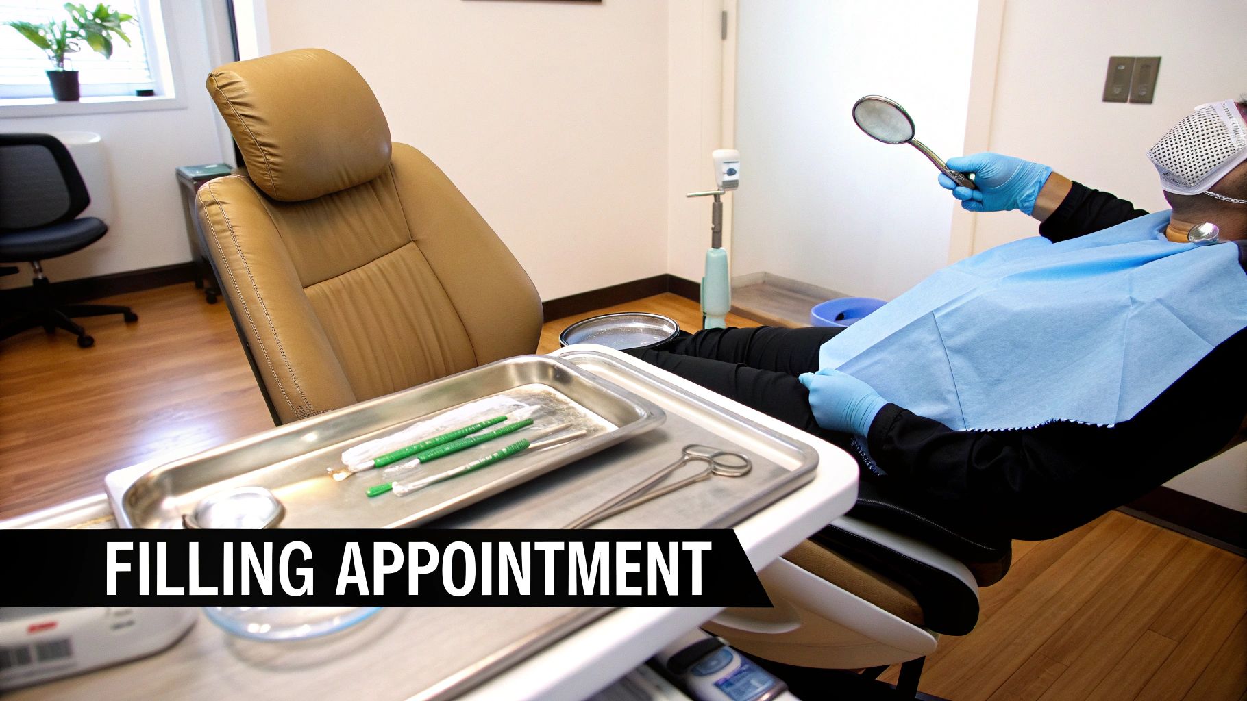 A patient in a dental chair, wearing a bib, holds a mirror during a filling appointment.