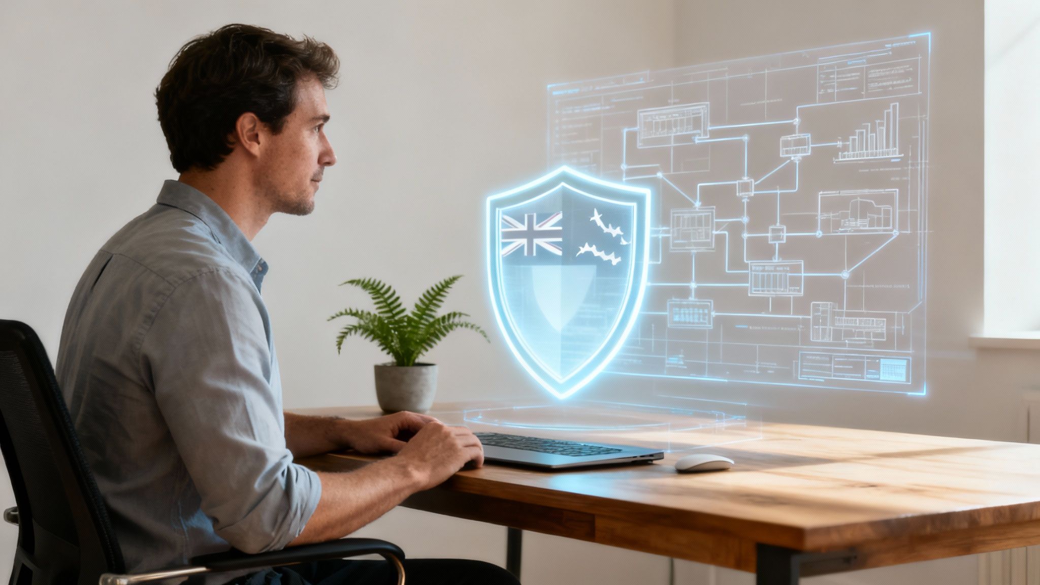 Man at desk with laptop, viewing a holographic cybersecurity shield and data visualization.