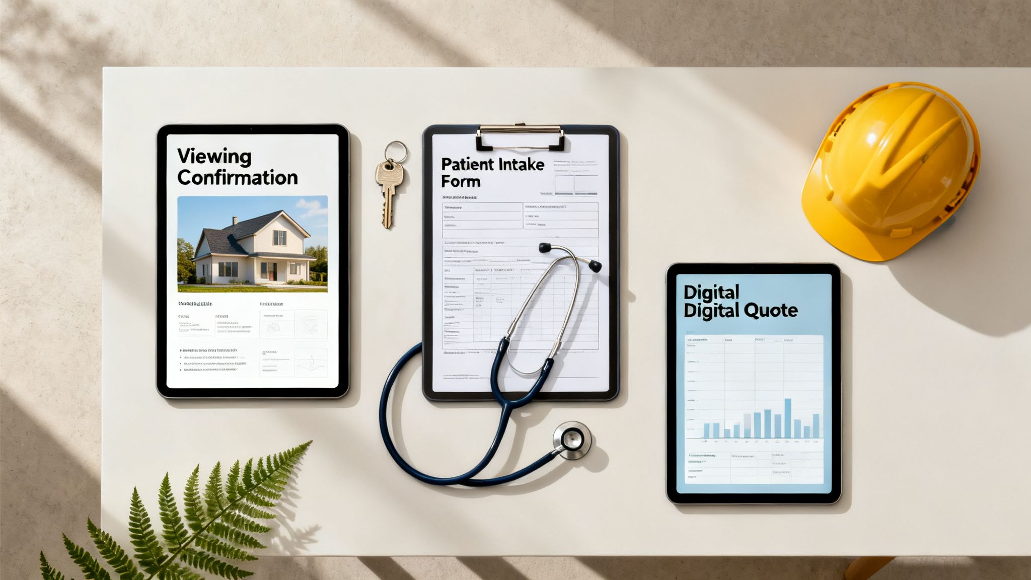 Tablets displaying digital forms for real estate, patient intake, and digital quotes, alongside a hard hat and stethoscope.