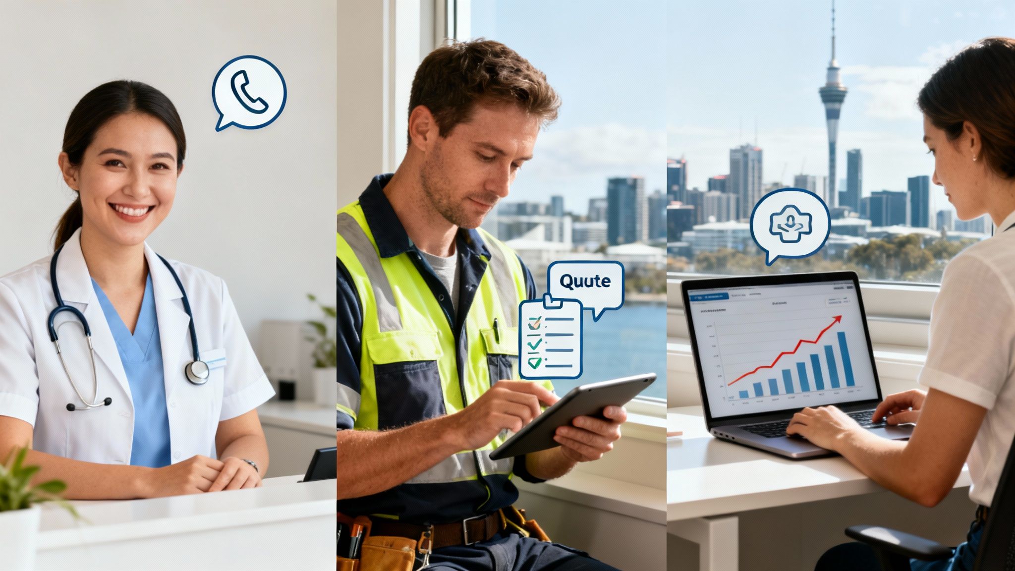 Professionals from healthcare, construction, and business using digital tools for communication, quotes, and data analysis.