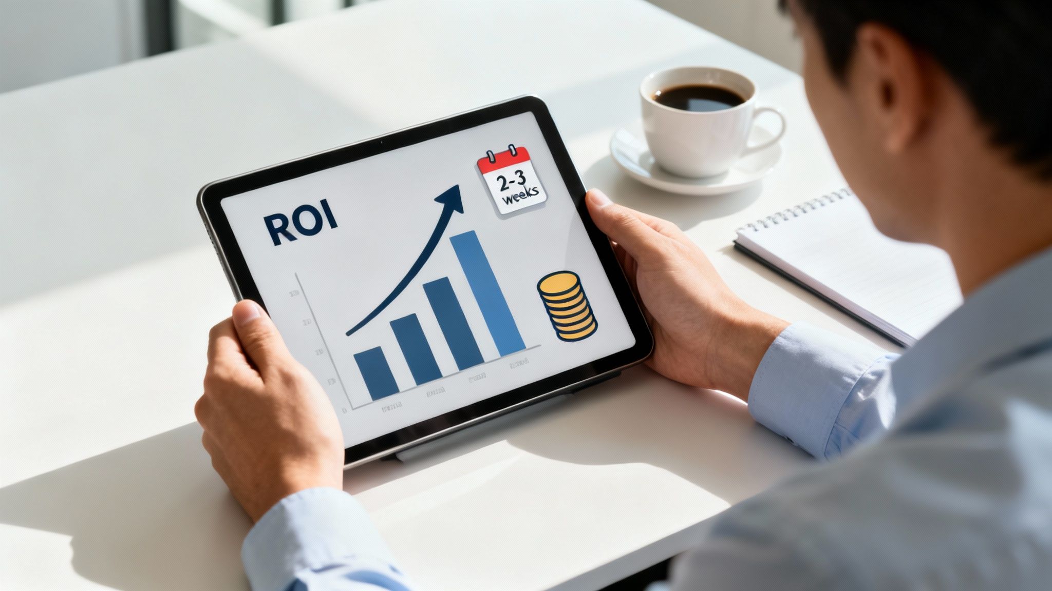Over-the-shoulder view of a person holding a tablet displaying an ROI graph with a 2-3 week timeline and coins.