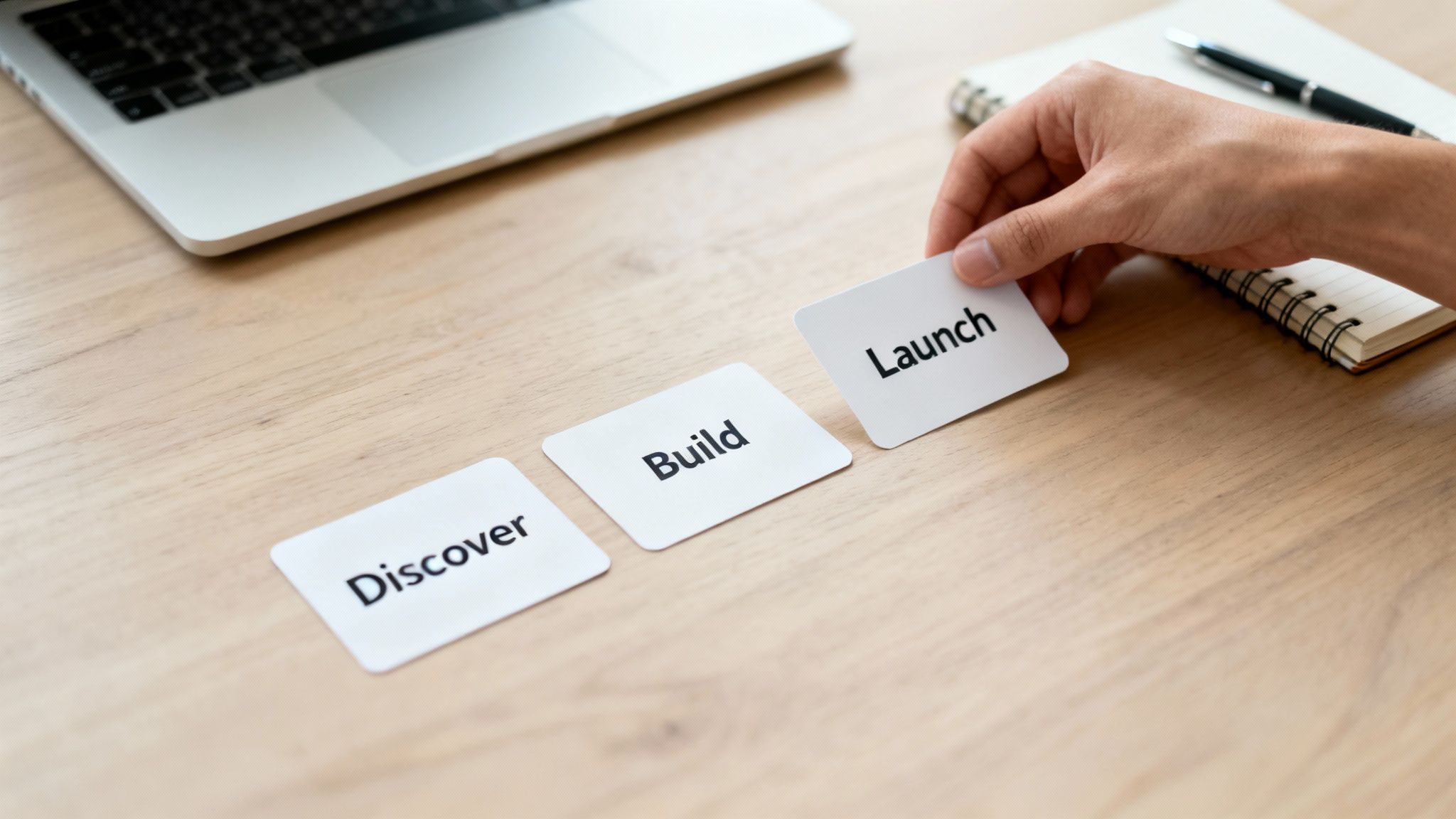 A hand places a 'Launch' card, completing a sequence of 'Discover', 'Build' on a wooden desk with a laptop.