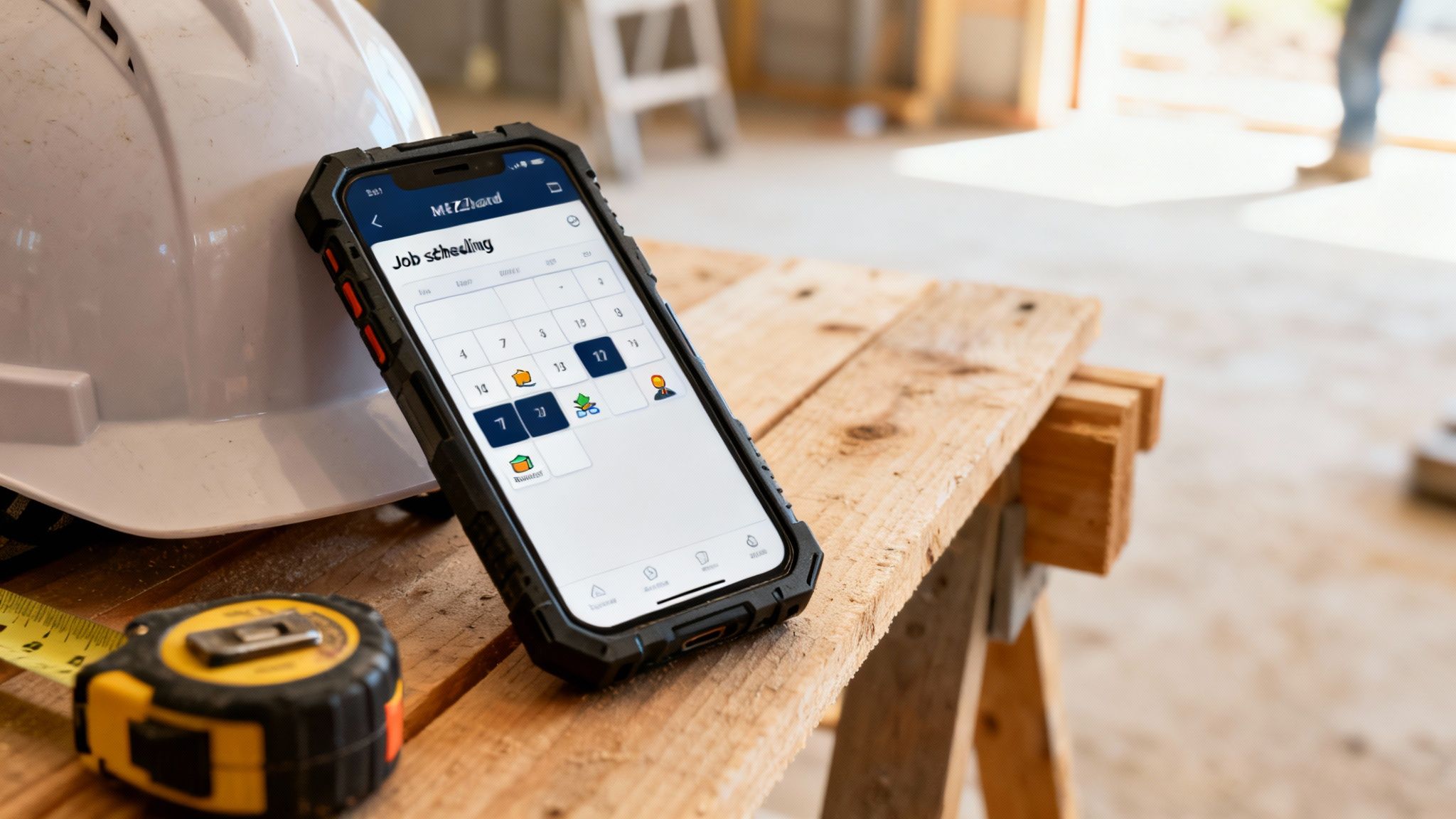 Smartphone displaying a job scheduling app on a construction site with a hard hat and tape measure.