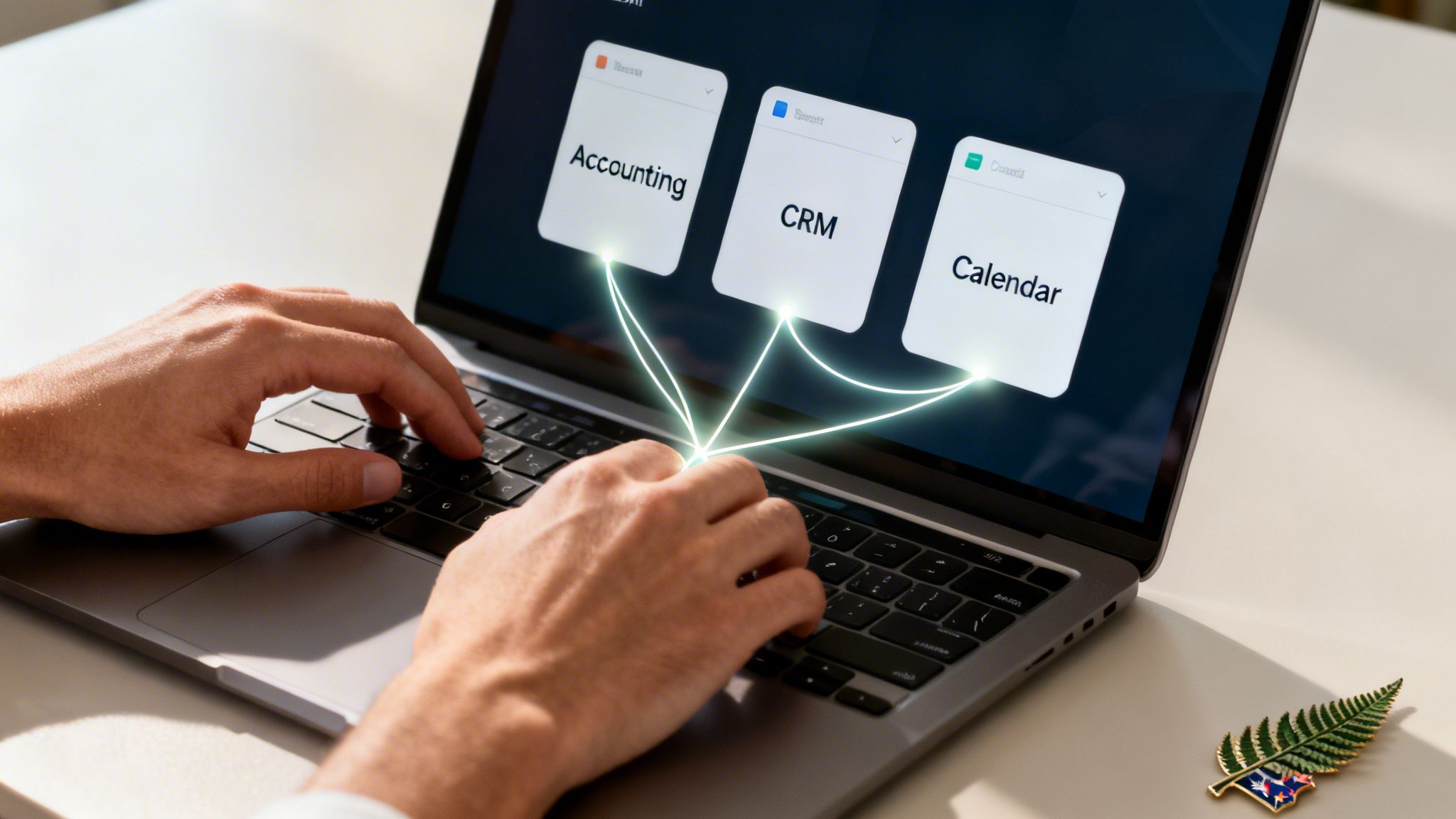 Hands typing on a laptop displaying integrated Accounting, CRM, and Calendar software applications with glowing connections.