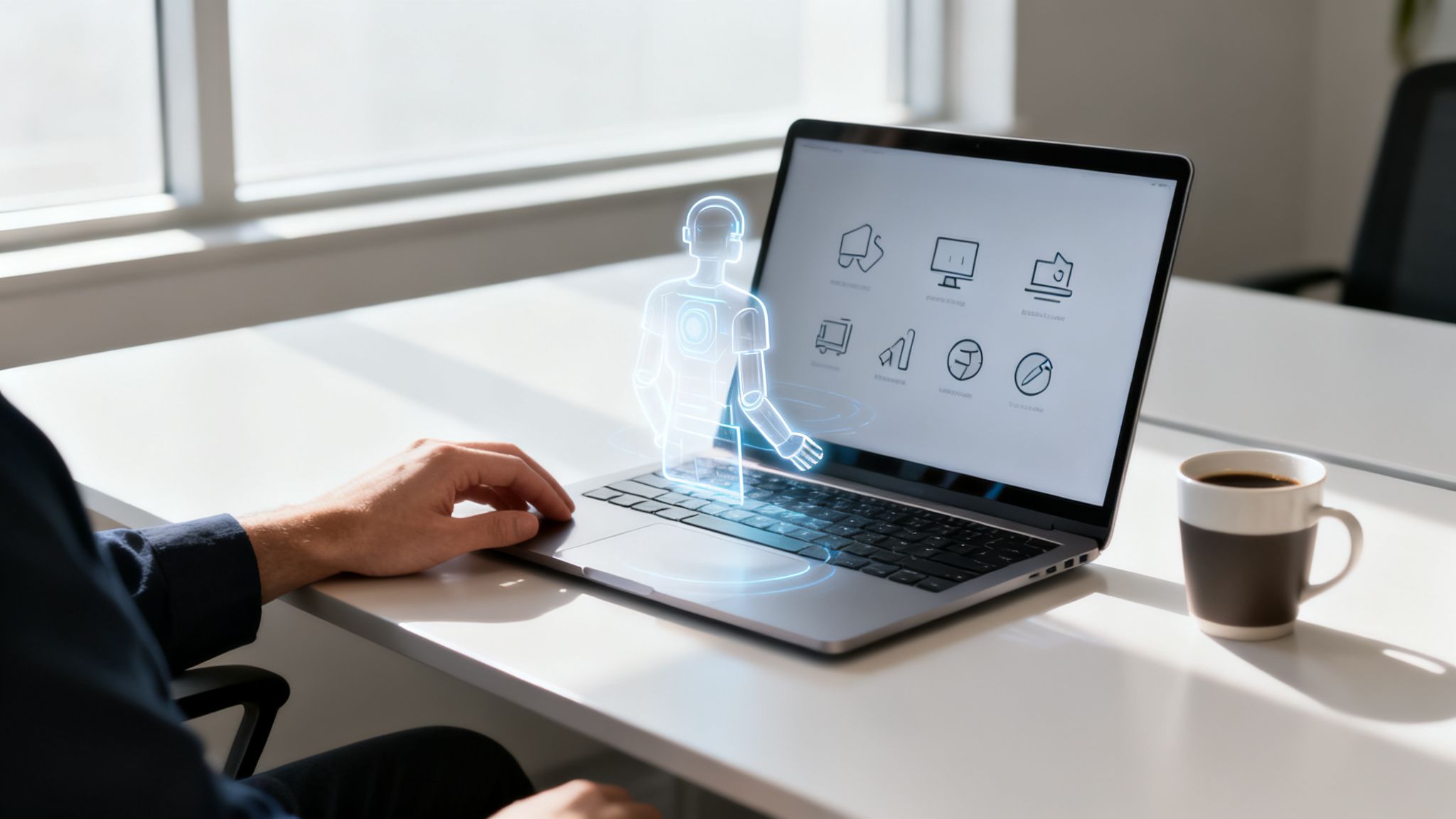 Person uses a laptop featuring a glowing AI assistant, symbolizing modern business automation solutions.