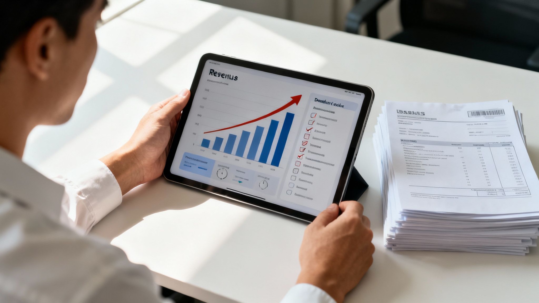 Person reviews a digital business report with a revenue chart on a tablet and financial documents.