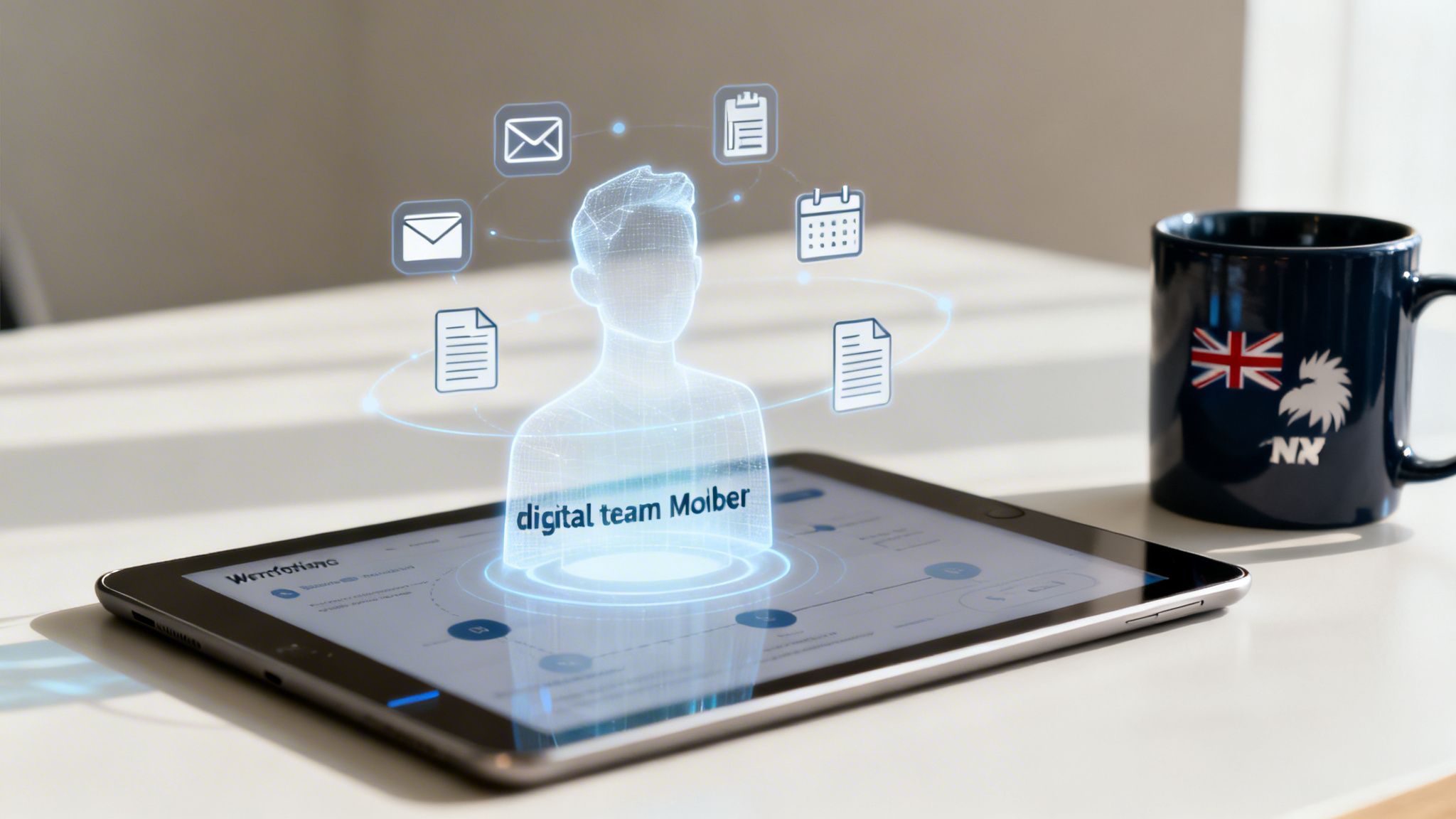 Holographic digital team figure with icons projected from a tablet on a desk next to a mug.