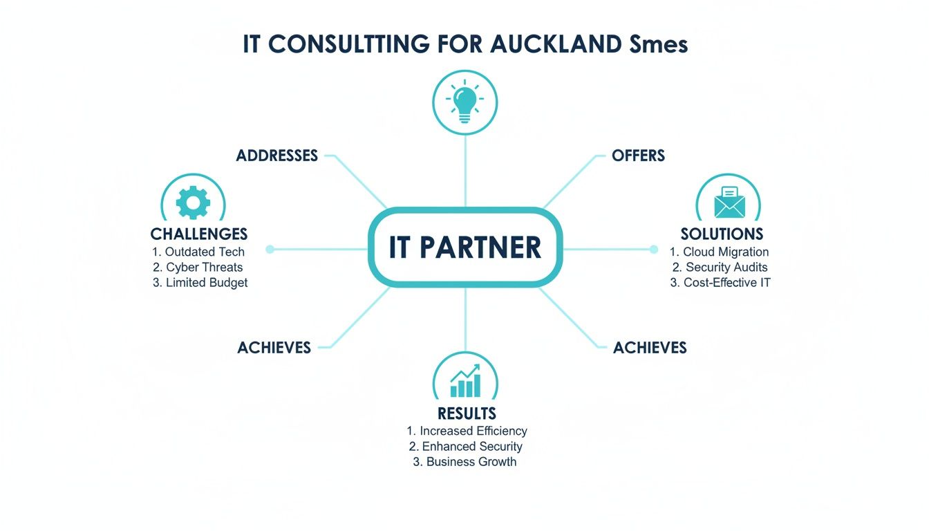 A diagram illustrating IT consulting for Auckland SMEs, highlighting challenges, solutions, and positive business outcomes.
