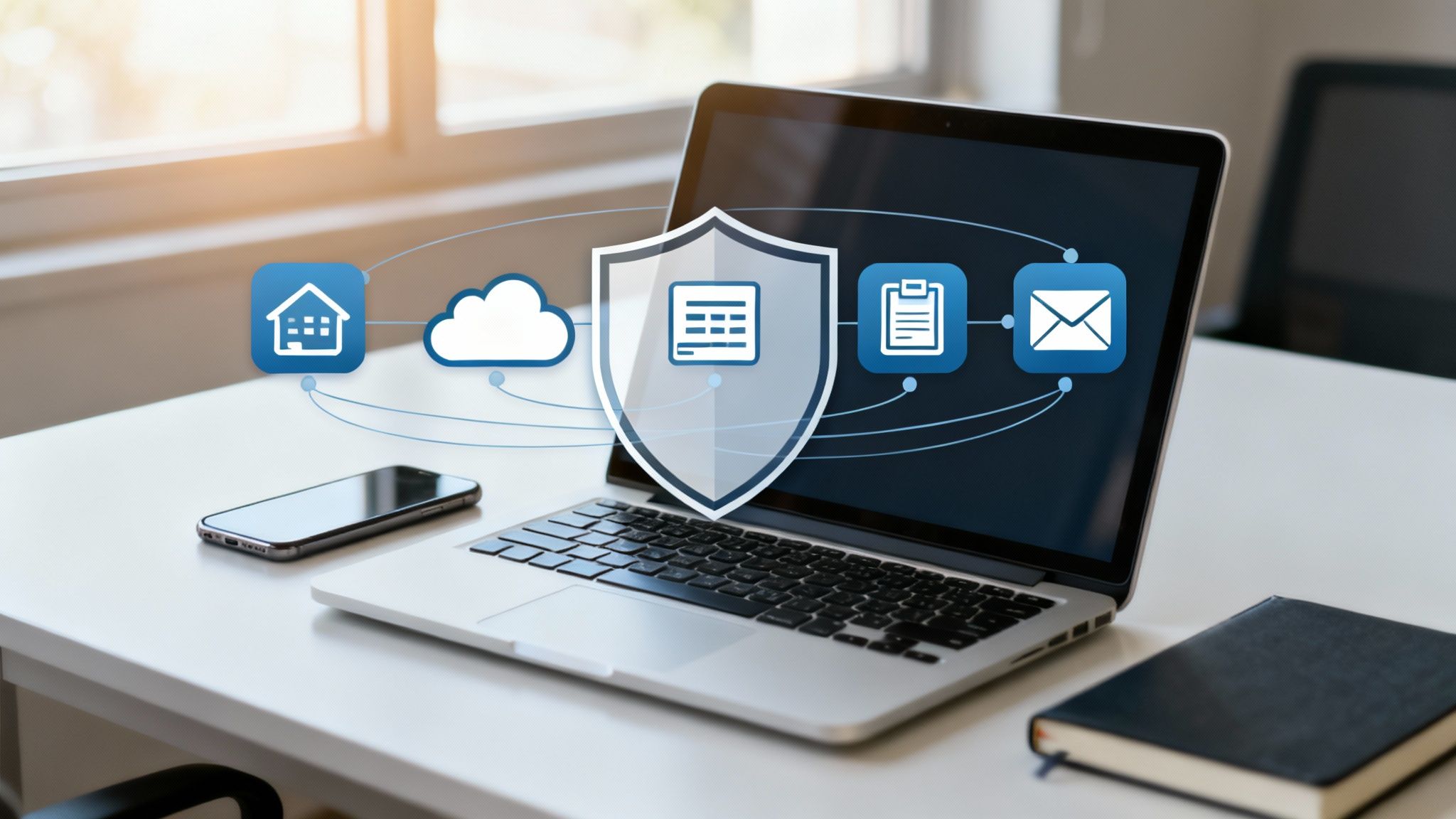 A laptop on a desk displaying interconnected icons for home, cloud, document, and email, centered around a shield icon, symbolizing data security.