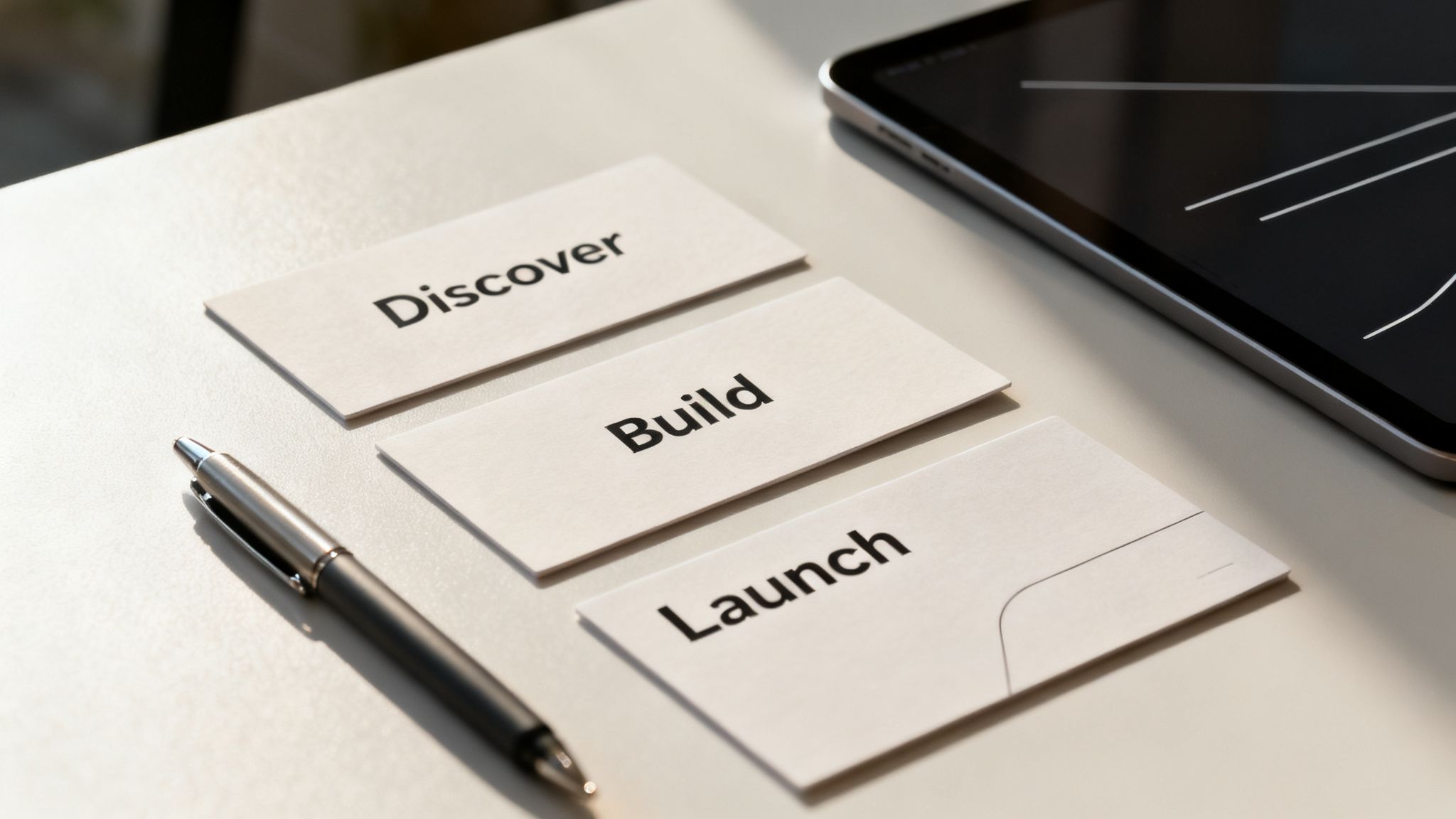 Three white cards labeled Discover, Build, and Launch, depicting project management stages with a pen and tablet.
