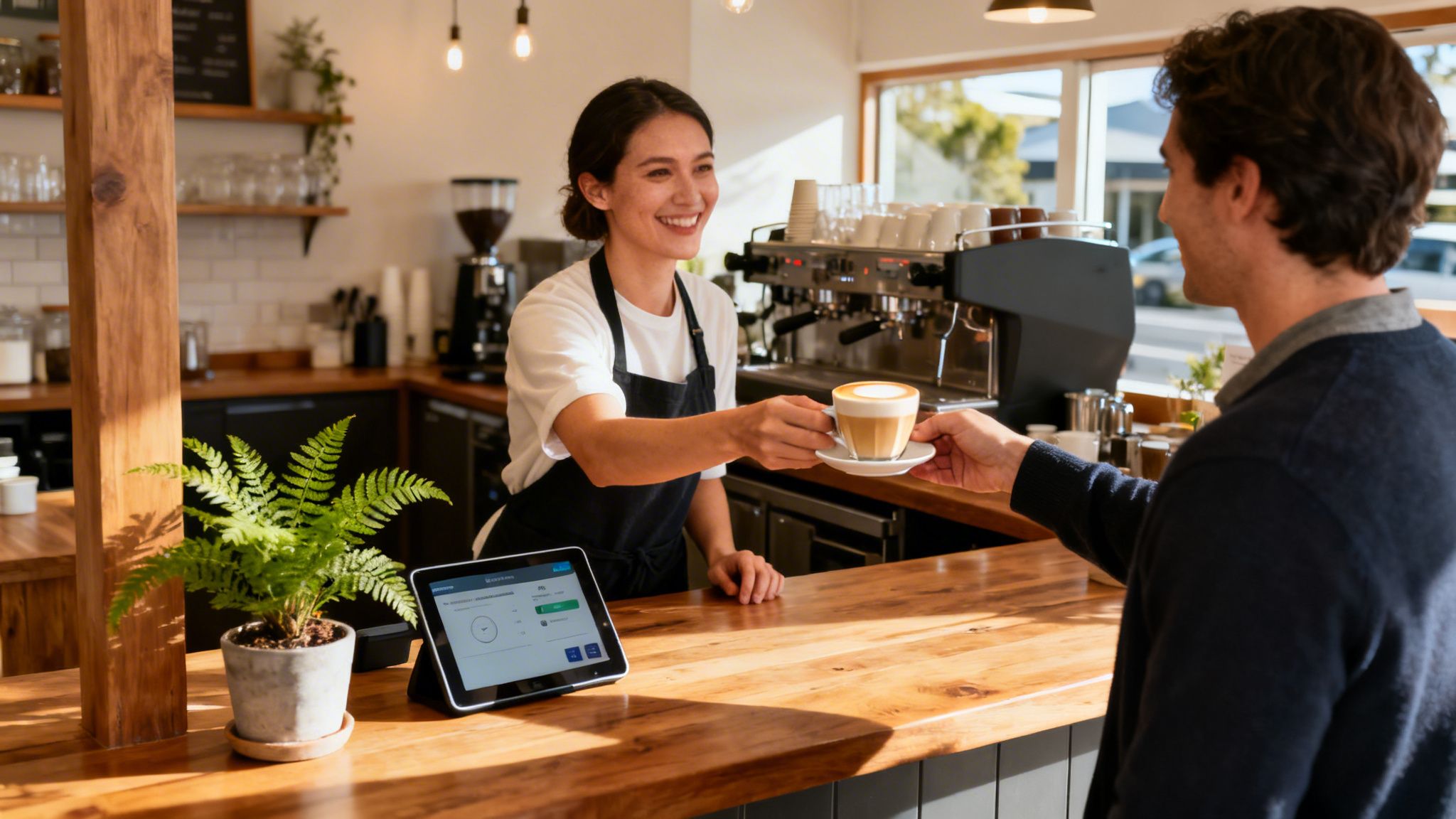A cheerful barista hands a fresh latte with latte art to a customer across a wooden counter.