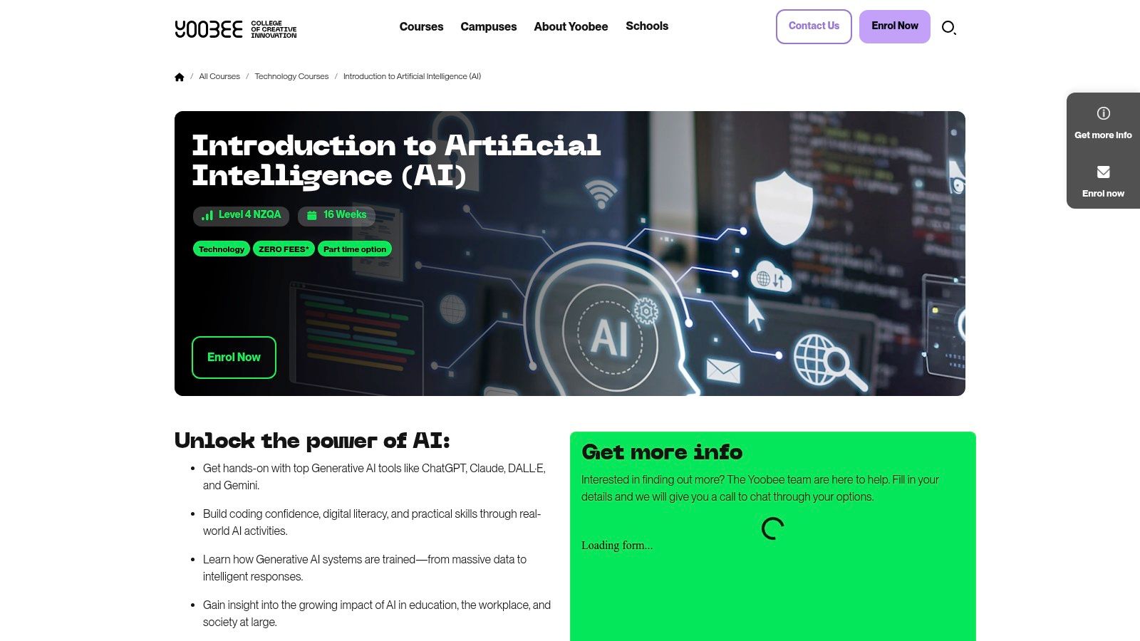 Yoobee College of Creative Innovation – Introduction to Artificial Intelligence (Level 4, 16 weeks)