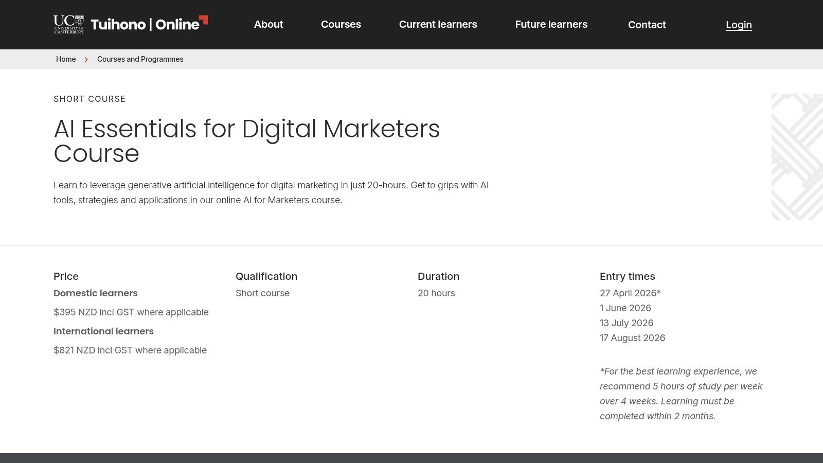 UC Online (University of Canterbury) – AI Essentials for Digital Marketers (20-hour online short course)
