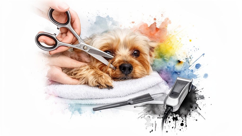 A small dog getting its face groomed with scissors on a white towel, with a comb and clippers nearby.