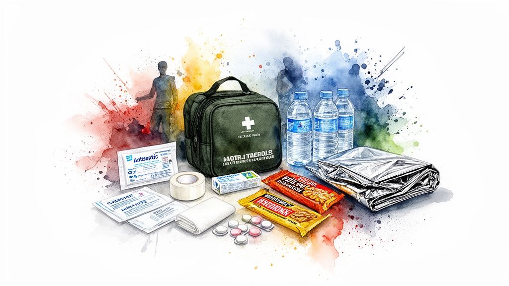 A comprehensive emergency kit with first aid supplies, water bottles, energy bars, and an emergency blanket.