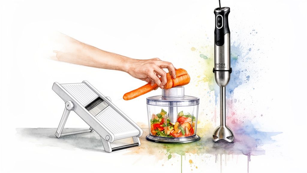 An artistic depiction of kitchen tools including a mandoline, food chopper, and immersion blender, with a hand preparing a carrot.