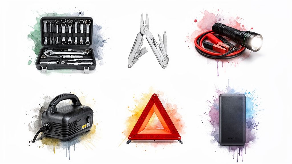A collection of car emergency kit essentials including tools, a multi-tool, flashlight, jumper cables, an air compressor, a warning triangle, and a power bank.