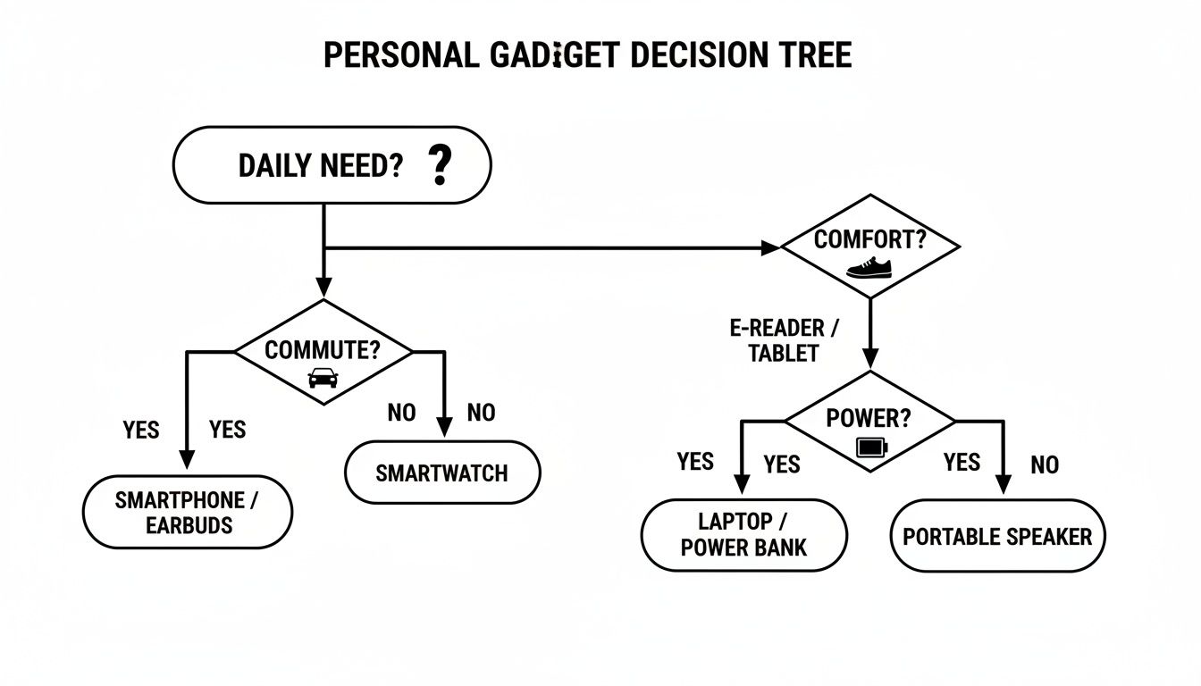 Decision tree flowchart for choosing personal gadgets based on daily needs, commute, comfort, and power.