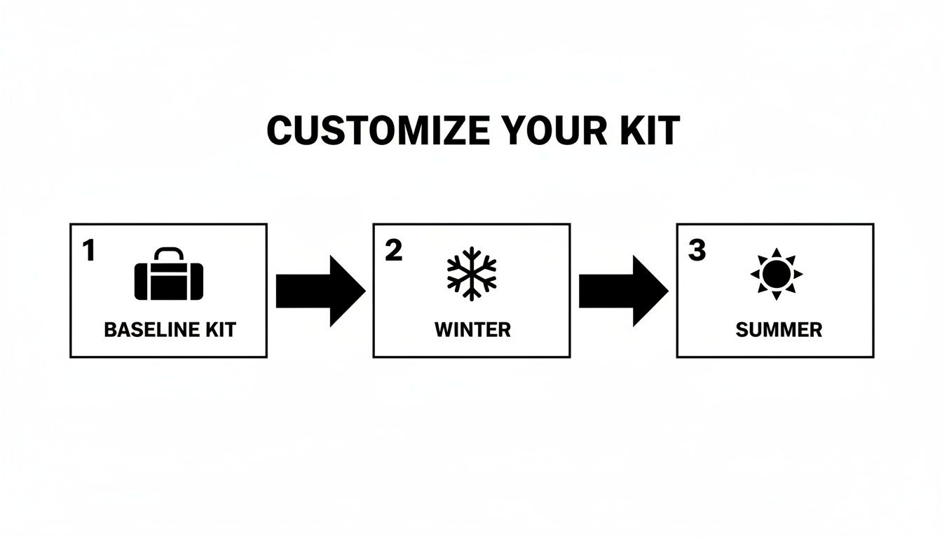 Flowchart for customizing a kit with baseline, winter, and summer options using icons.