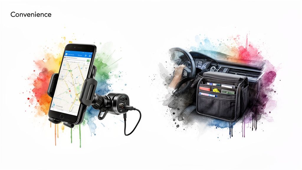 Image showcasing car convenience with a phone holder, USB charger, and a neat car seat organizer.