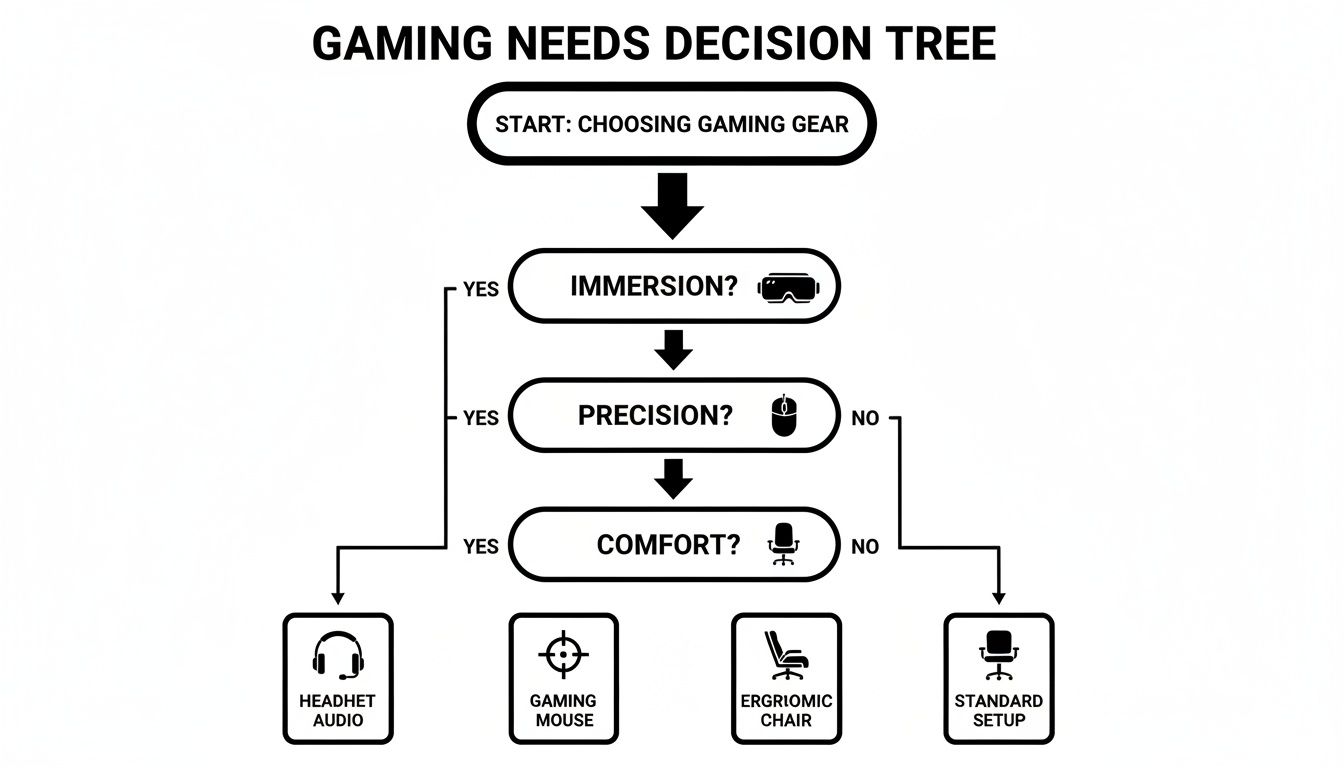 A gaming needs decision tree for choosing gear based on immersion, precision, and comfort.