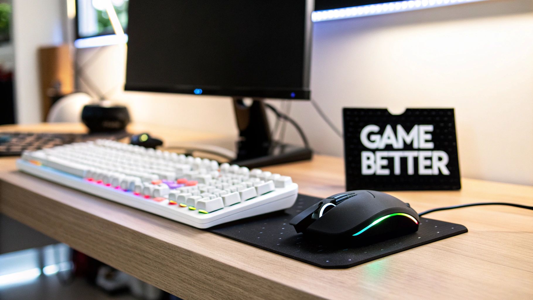 Modern gaming desk setup with an illuminated white keyboard, black mouse, and 'GAME BETTER' text.