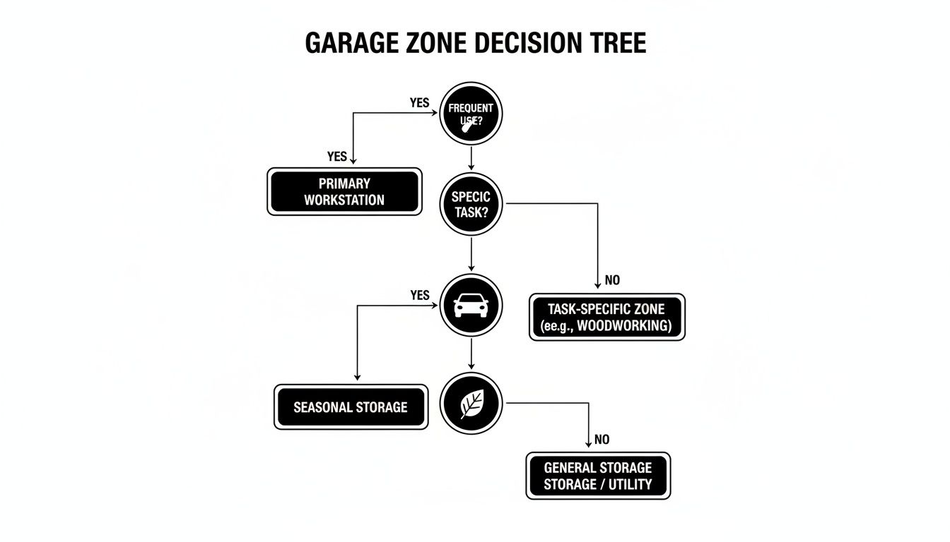 A decision tree flowchart illustrating how to organize garage zones based on use, tasks, and storage.