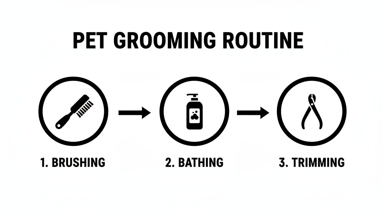 A visual guide illustrating a pet grooming routine with three steps: brushing, bathing, and trimming.
