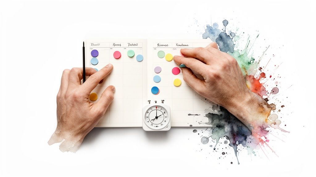 Hands organizing tasks with colorful stickers on an open planner, alongside a timer and watercolor art.