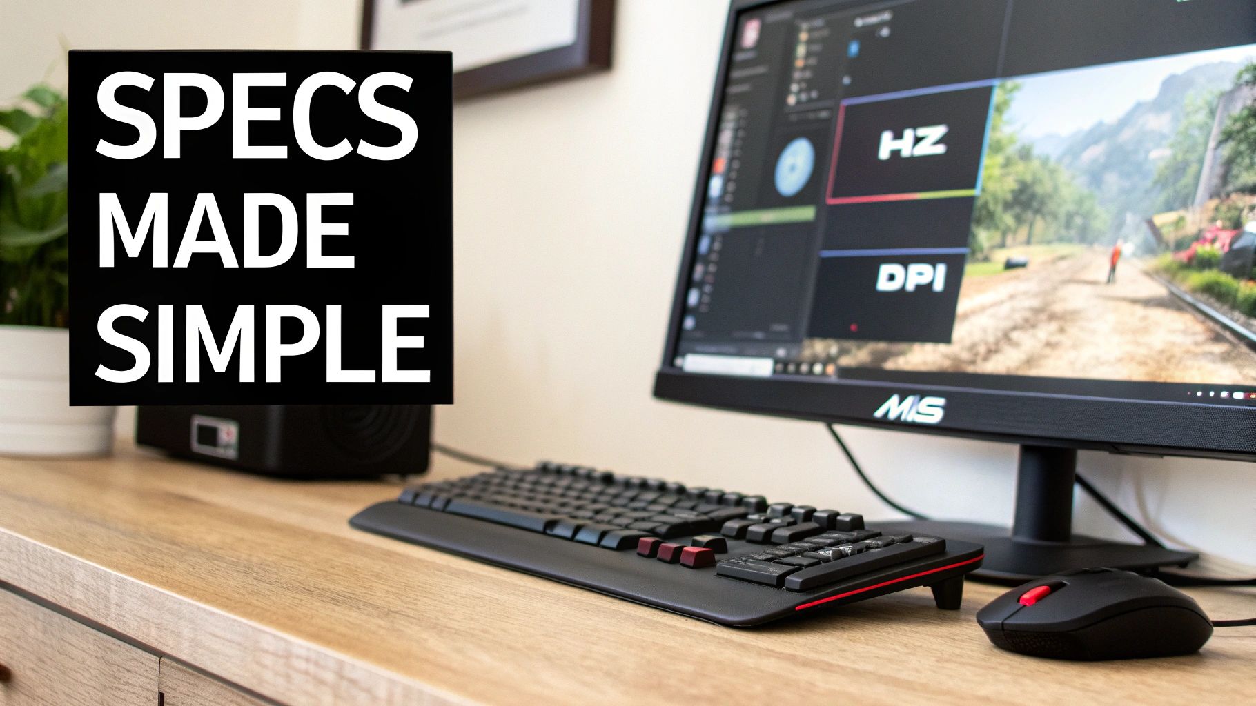 A gaming setup with a monitor displaying game specs and a keyboard and mouse, with text 'SPECS MADE SIMPLE'.