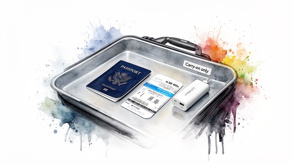 A US passport, flight boarding pass, and white portable charger in an airport security tray.