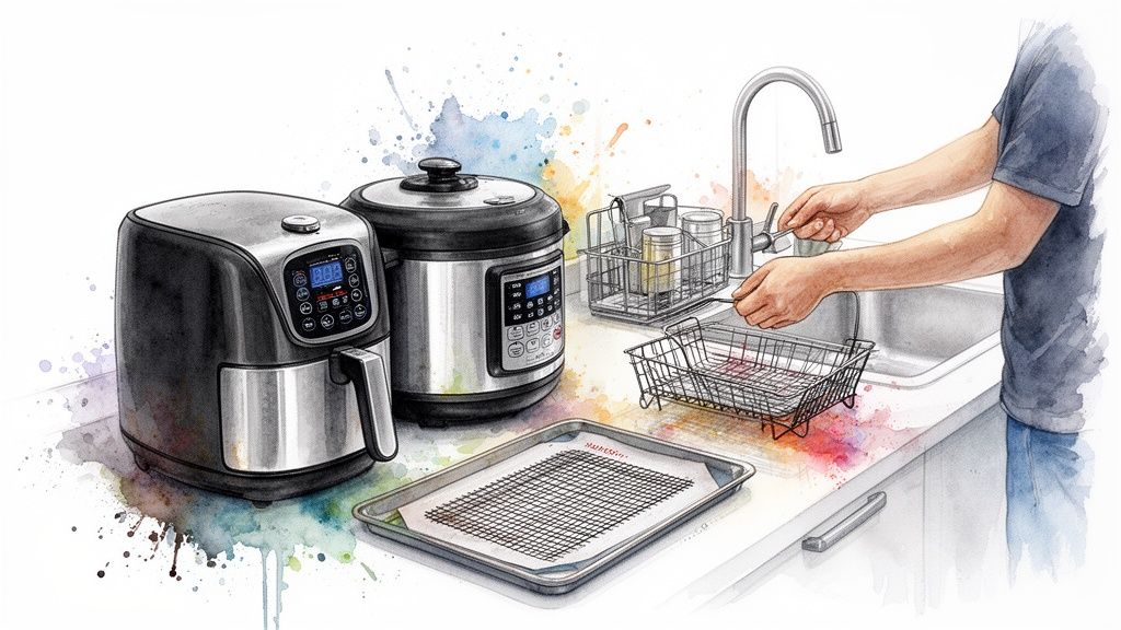 A person washing dishes next to modern kitchen appliances like an air fryer and a multi-cooker.
