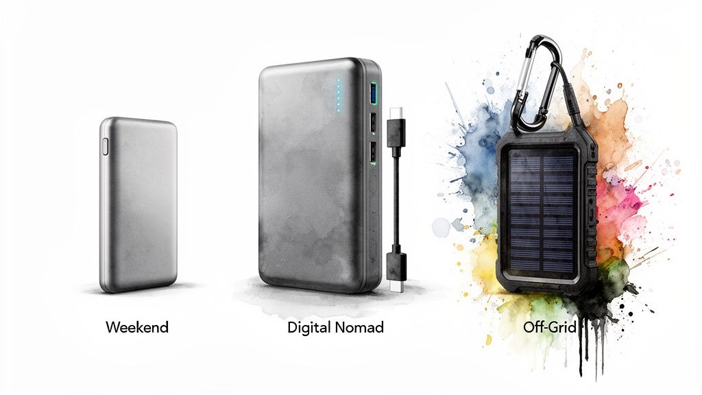 Three portable chargers: a compact one, a larger one, and a solar power bank for off-grid use.