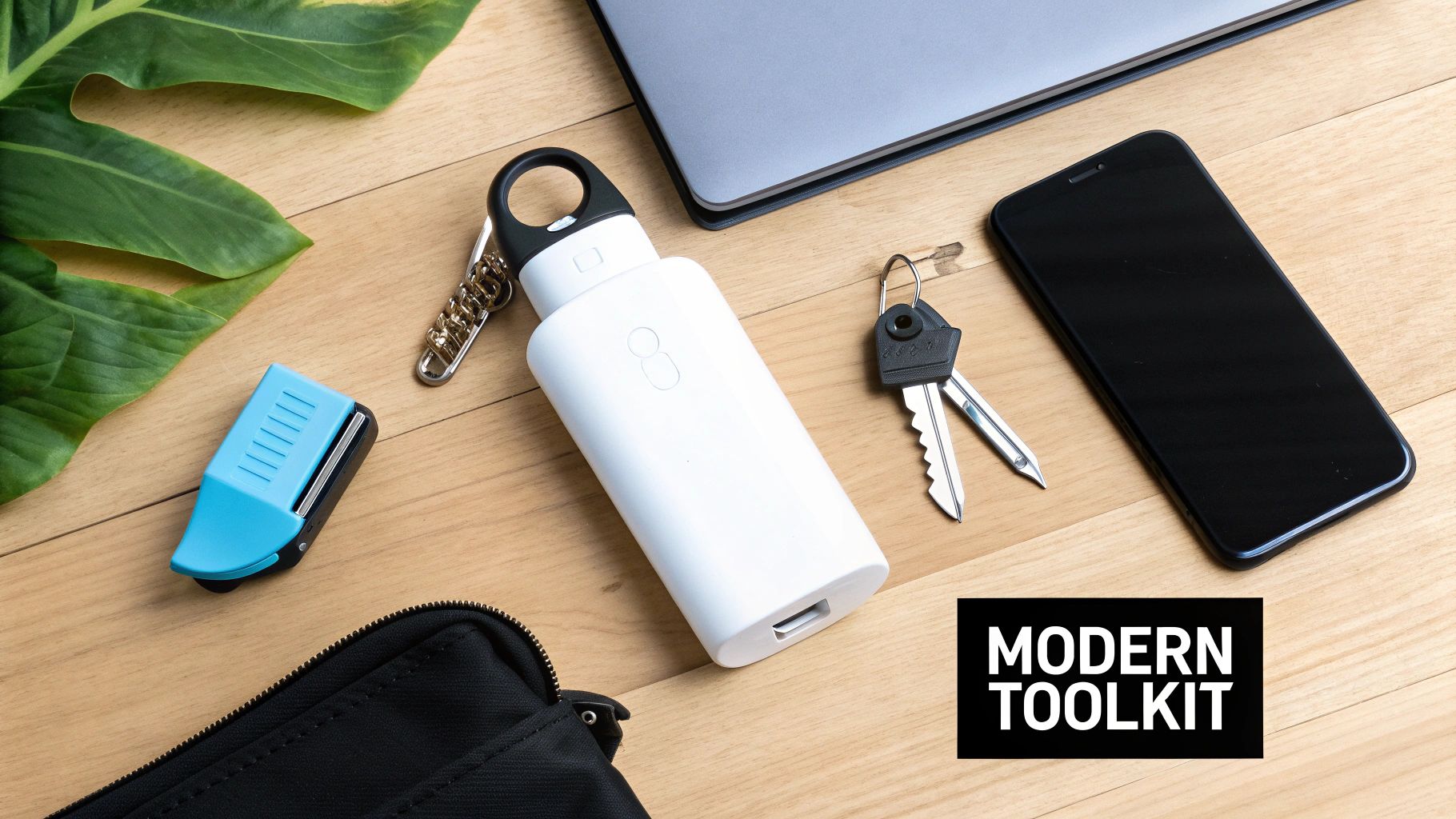 A flat lay of modern everyday essentials including a laptop, phone, power bank, keys, and a utility tool on a wooden desk.