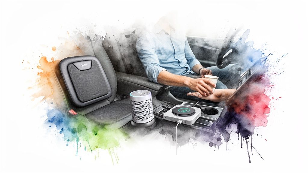 A person in a car with various smart accessories, including an air purifier, speaker, and wireless charger.
