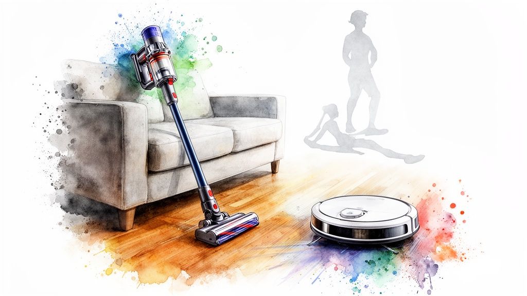 Watercolor illustration of a modern living room featuring a stick vacuum cleaner, robot vacuum, and sofa.