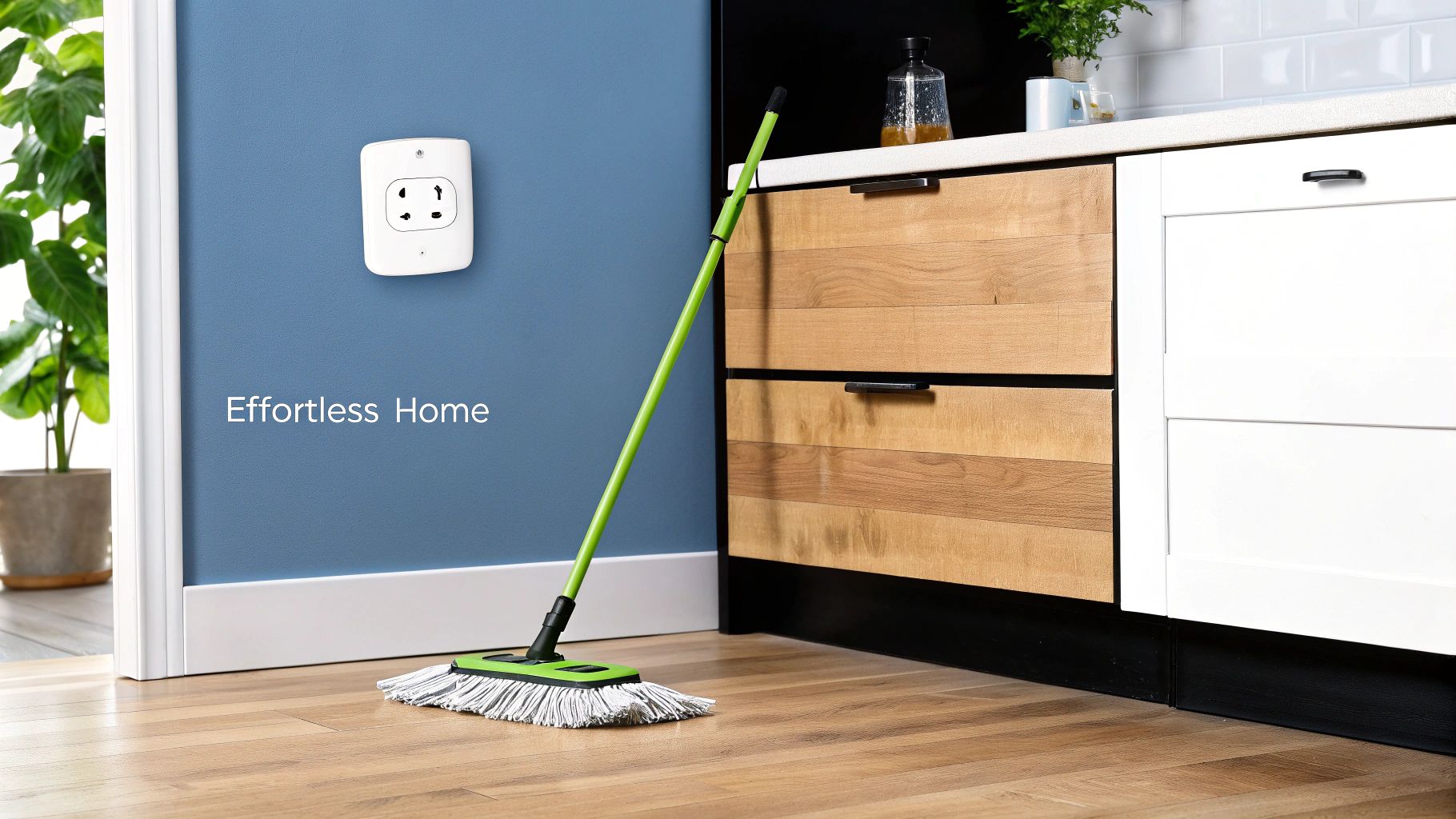 A vibrant green mop rests against a blue wall near kitchen cabinets in a modern home.
