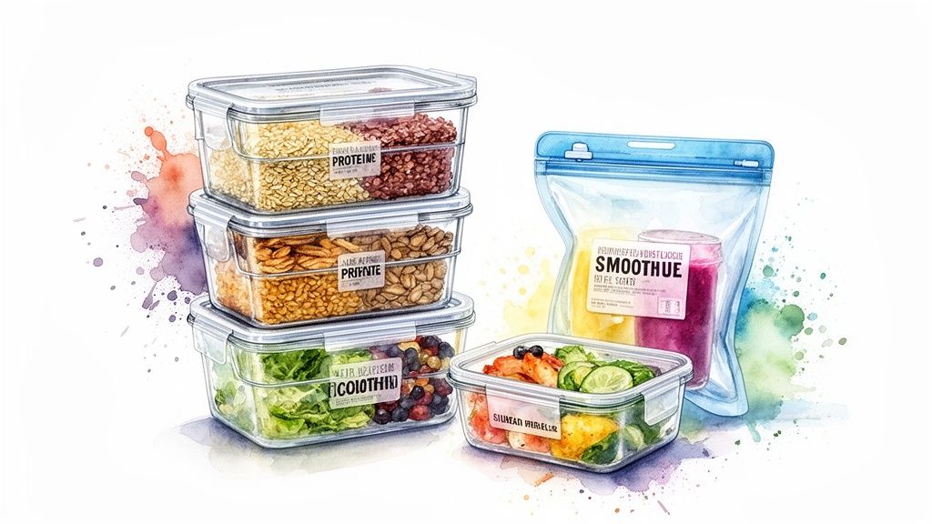 Watercolor illustration of stacked food prep containers, some with grains, others with salad, and a smoothie pouch.