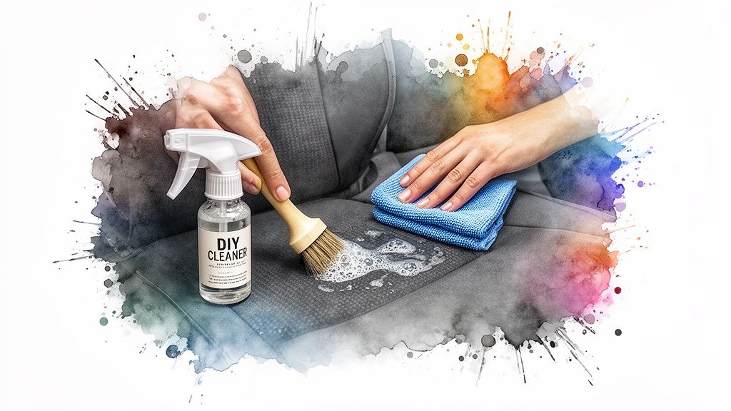 Hands cleaning car seat upholstery with DIY spray, brush, and blue microfiber cloth.