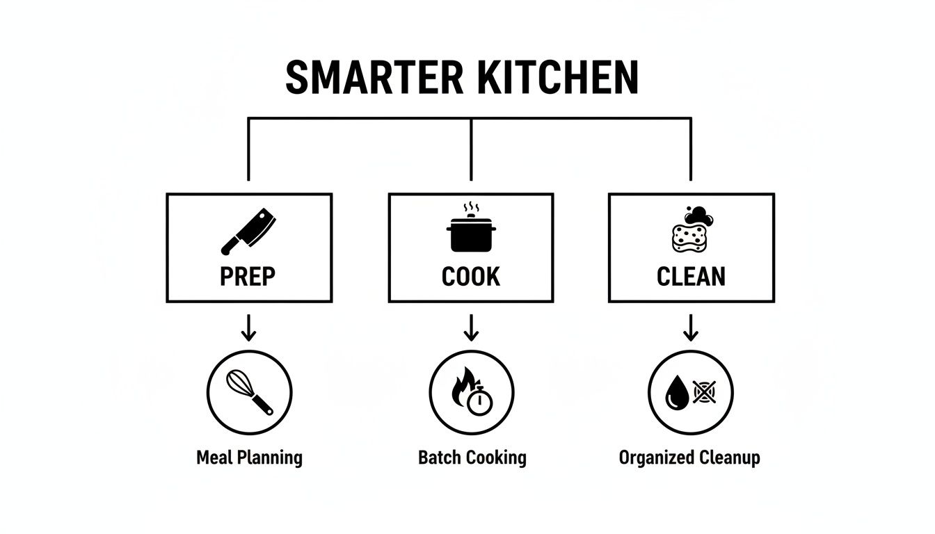 Flowchart illustrating a Smarter Kitchen concept with PREP, COOK, CLEAN stages, and actionable sub-steps.